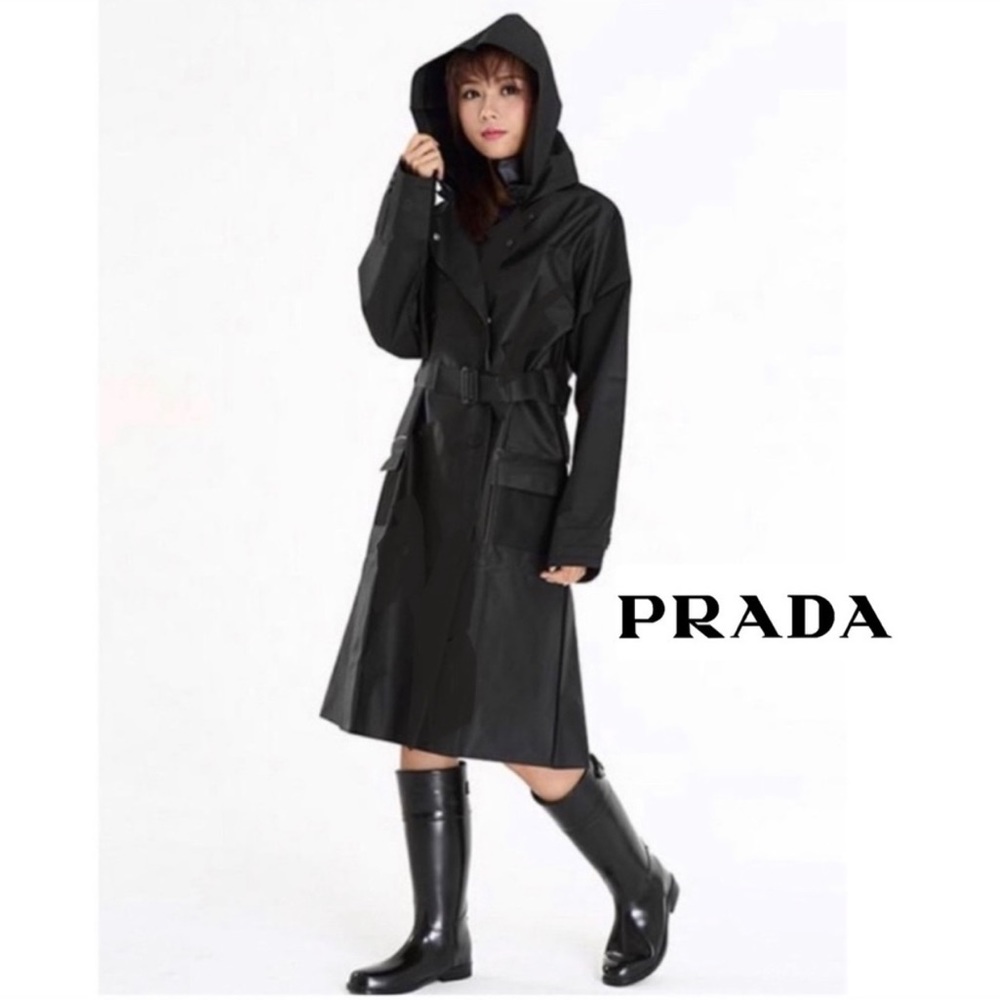 PRADA - Raincoat Silk Hooded belted Black, Medium